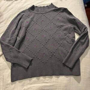 ✨ Unique Gray Popcorn Knit Mock Neck Sweater w/ Floral Embroidery